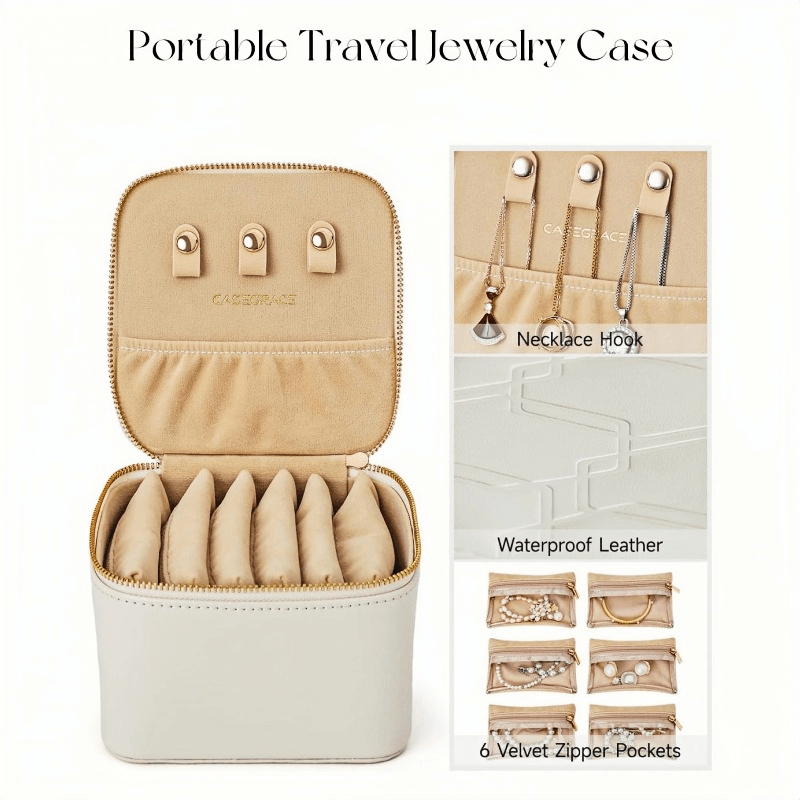 Mini travel jewelry box interior structure showing necklace hooks, waterproof leather and 6 velvet zipper pockets