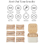 Mini travel jewelry box storage guide showing 8 jewelry types – stud earrings, rings, necklaces and bracelets