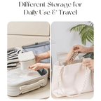 Mini travel jewelry box packed in suitcase and velvet pocket placed into handbag, travel and daily use scene