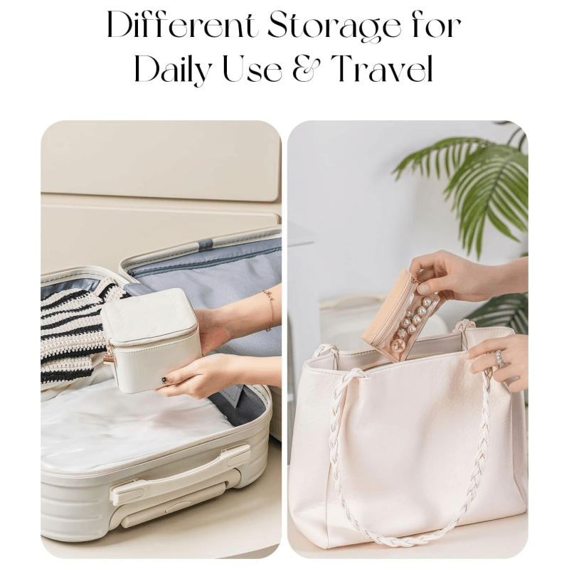 Mini travel jewelry box packed in suitcase and velvet pocket placed into handbag, travel and daily use scene