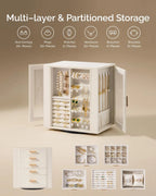 White jewelry organizer with open doors showing partitioned storage and five specialized drawers for rings and watches.