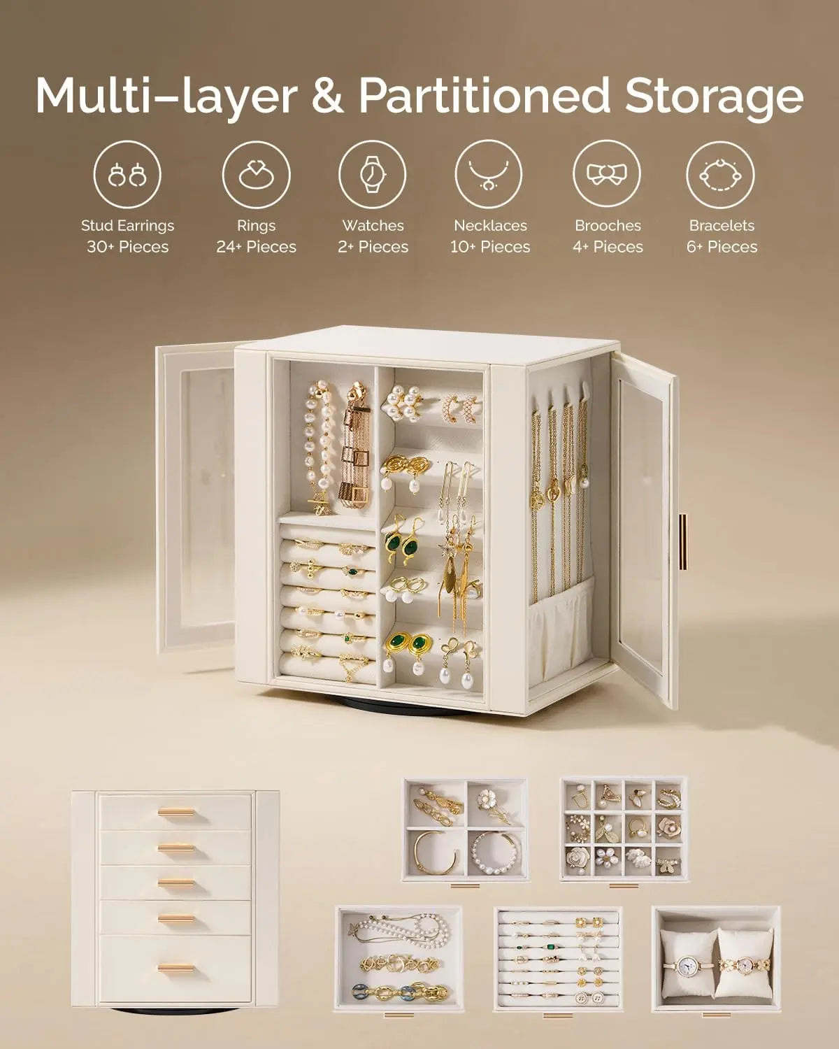 White jewelry organizer with open doors showing partitioned storage and five specialized drawers for rings and watches.