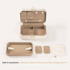 Octagon jewelry box open with removable tray, earring cards and storage pouch laid out flat