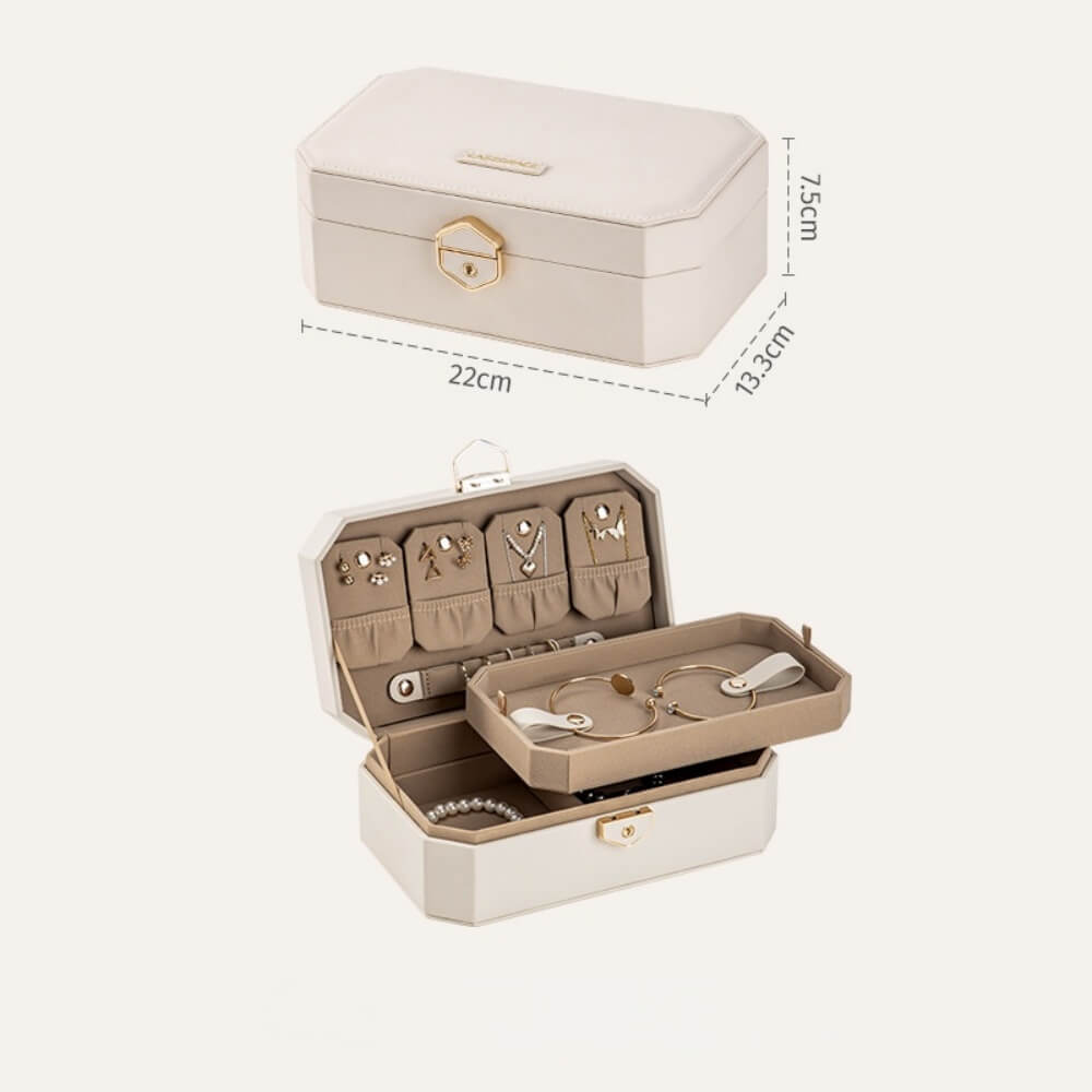 Octagon jewelry box dimensions – 22cm x 13.3cm x 7.5cm, shown closed and open