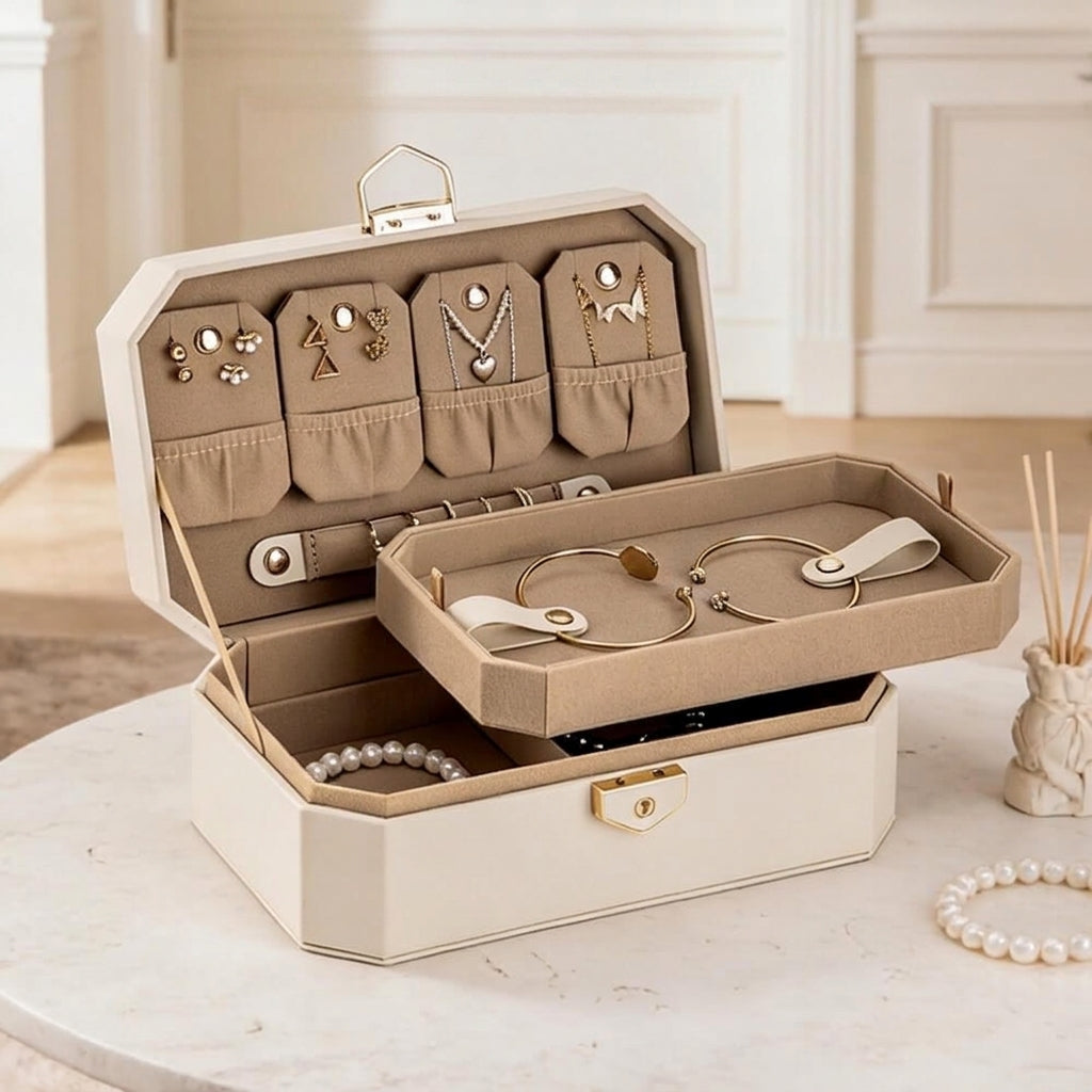 White octagon jewelry box open from right side showing earring cards and removable tray