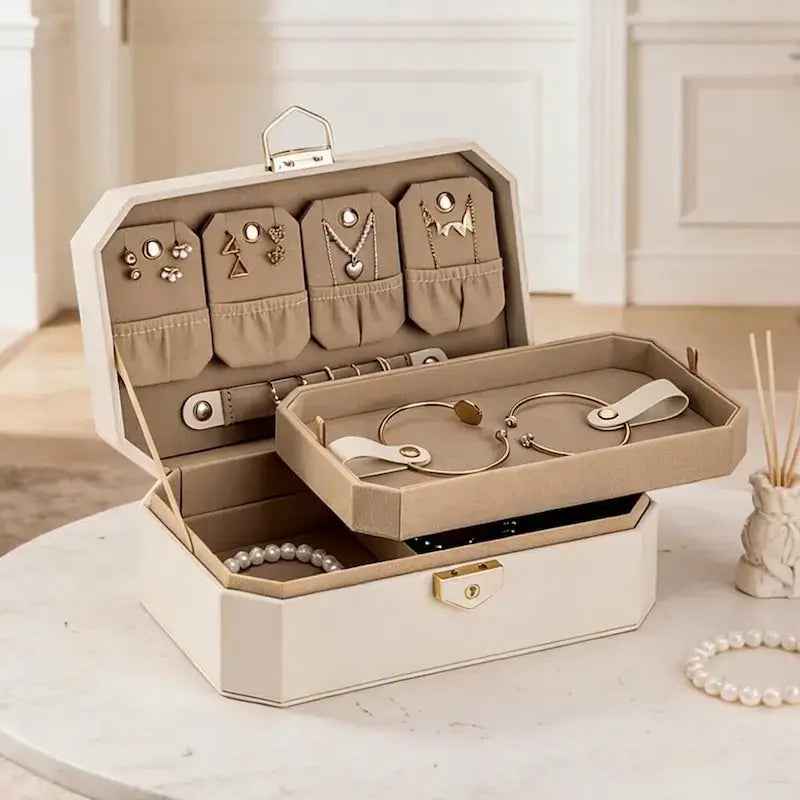 White octagon jewelry box open from right side showing earring cards and removable tray
