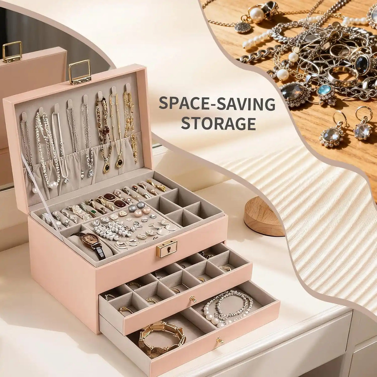 A pink leather 3-tier jewelry organizer box open on a vanity, displaying necklaces, rings, a watch, and bracelets, featuring text overlay "SPACE-SAVING STORAGE".