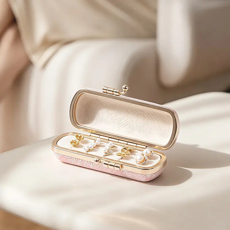 An open pink embroidered mini jewelry box displayed on a white chair, filled with several pairs of gold and pearl stud earrings.