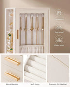 Close-up of white jewelry box features including premium PU leather, soft lining, and gold metal handles.