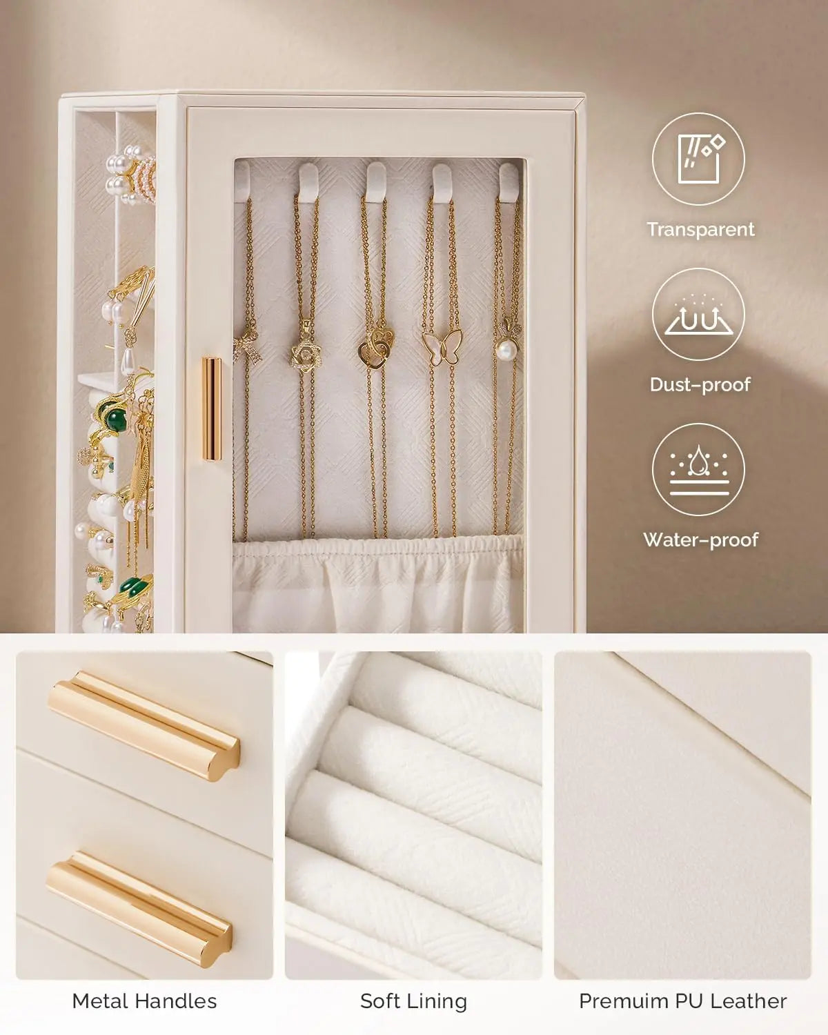 Close-up of white jewelry box features including premium PU leather, soft lining, and gold metal handles.