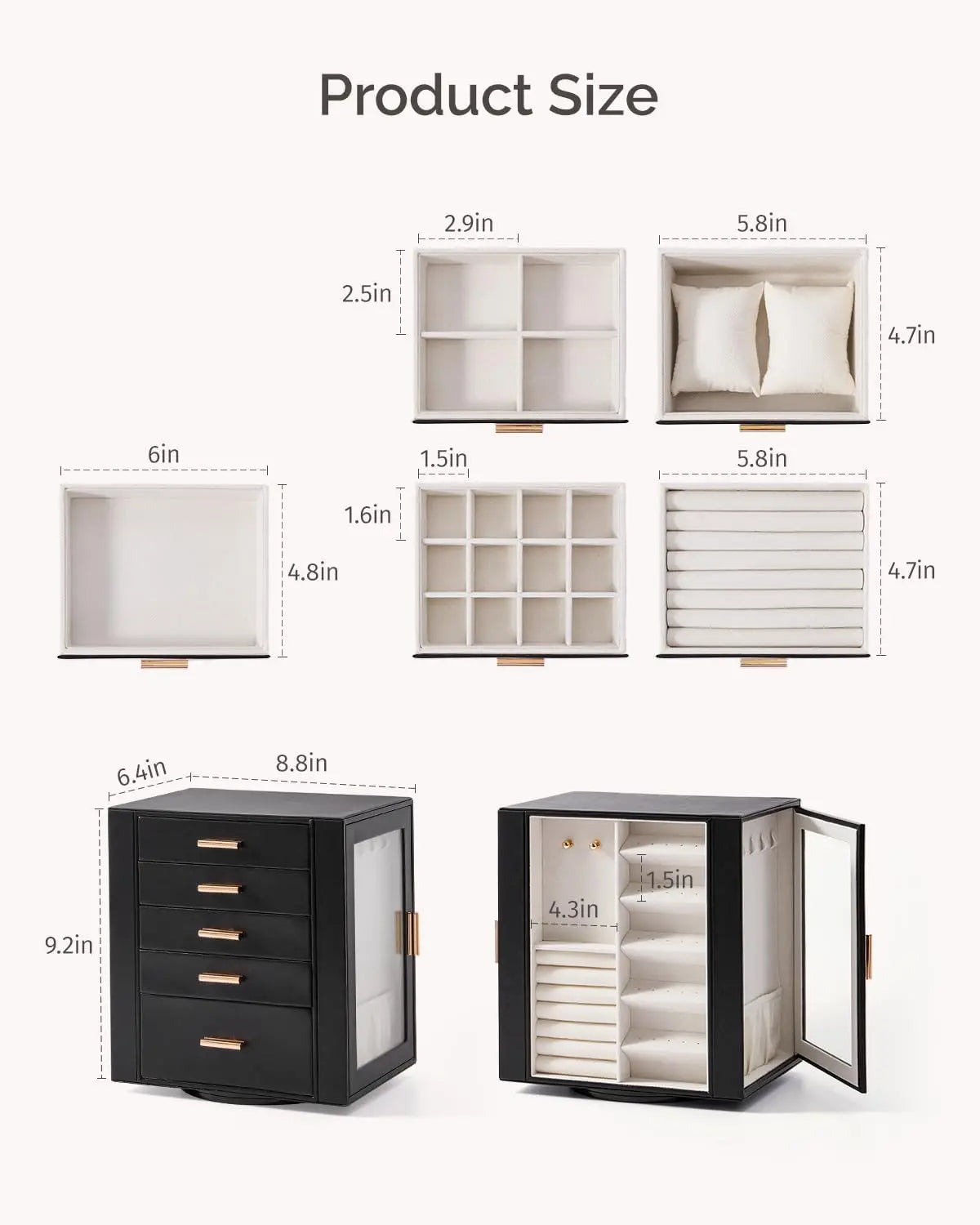 Product dimensions diagram of the rotating jewelry organizer showing drawer sizes and overall measurements.