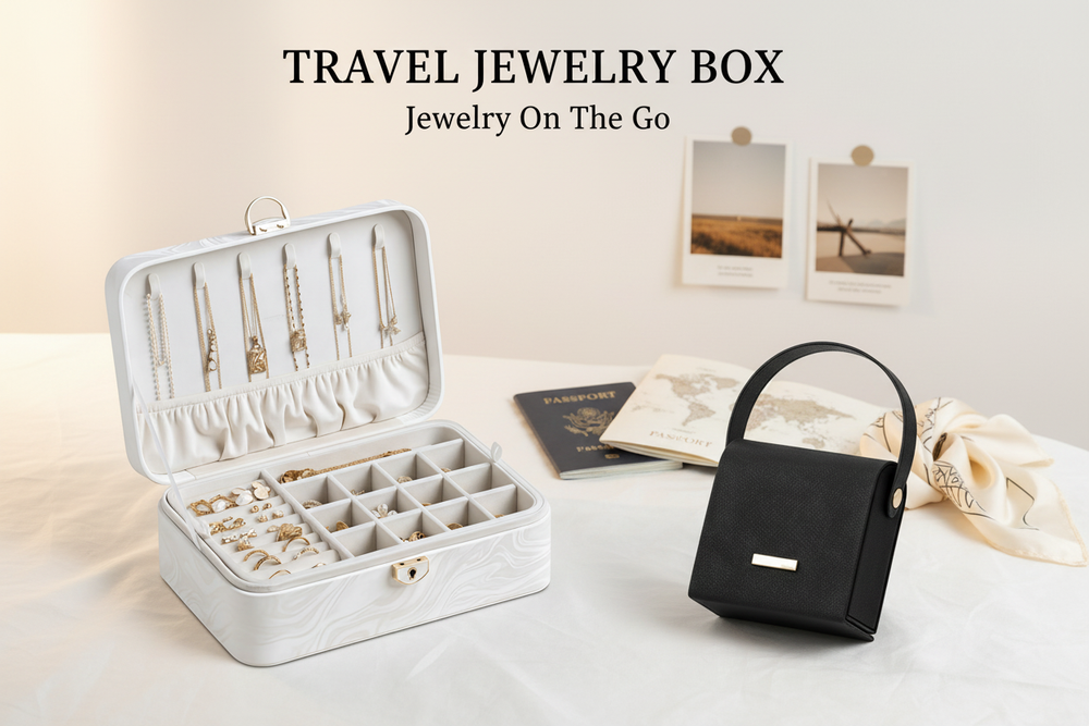 Travel jewelry boxes designed for organizing necklaces, rings, and earrings on the go