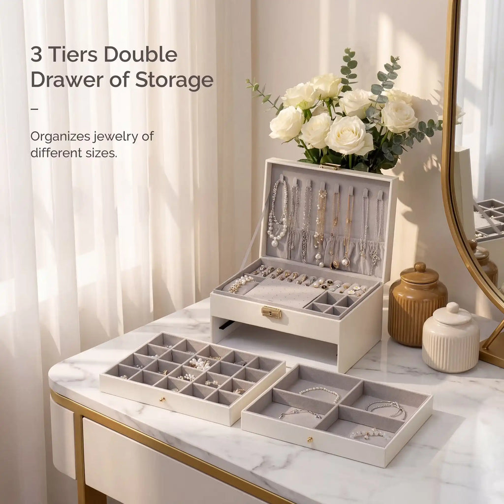 Cream white 3-tier jewelry organizer box on a marble vanity.